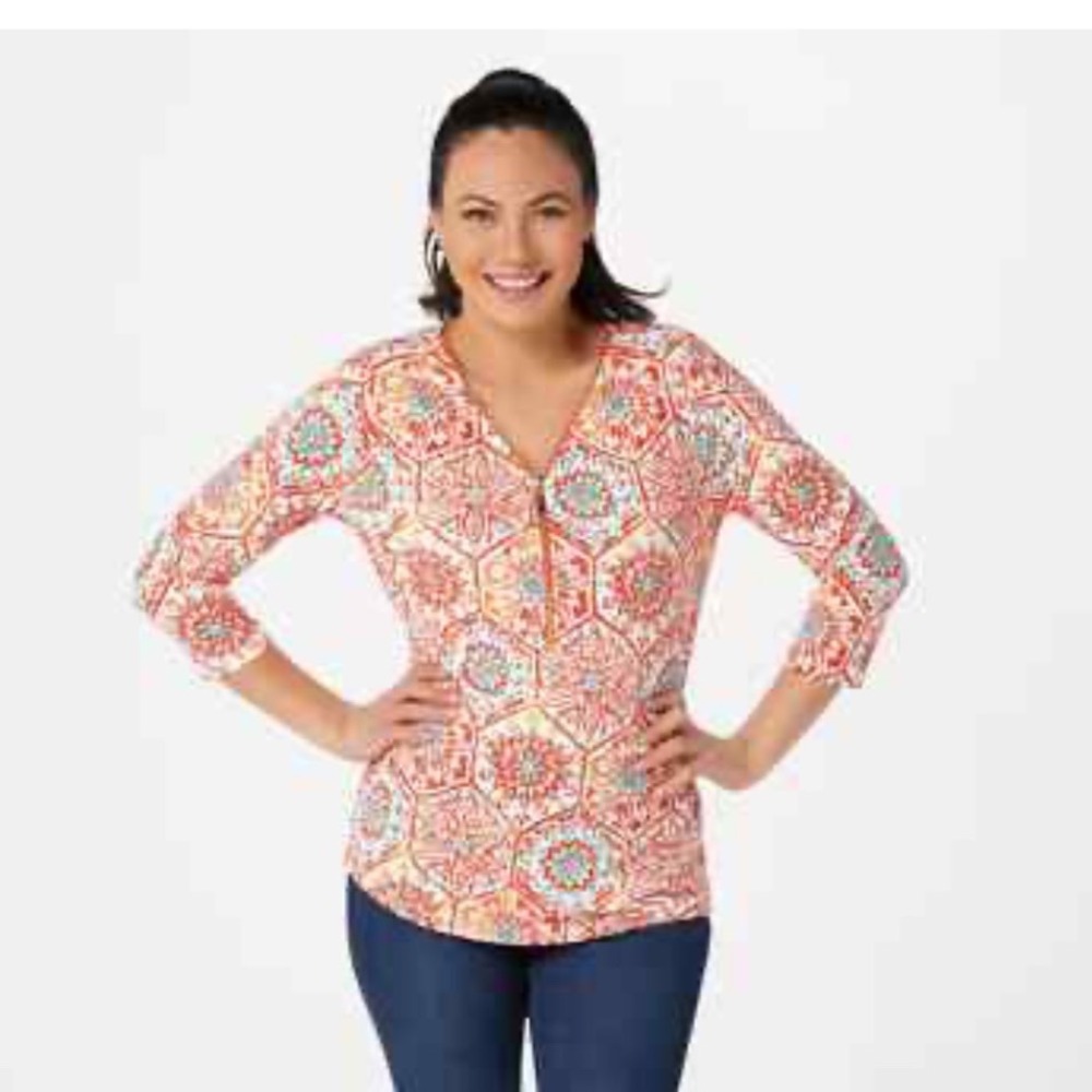 Belle Kim Gravel Floral Print 3/4 Sleeve Zip Up Tunic Top Blouse Size 8